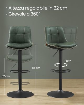 Conjunto De 2 Taburetes De Bar, Sillas De Bar Giratorias Regulables En Altura, PU Acolchado, Sillas De Cocina Con Respaldo Y Reposapiés, Comedor, Barra, Acero, Verde Bosque LJB095C01
