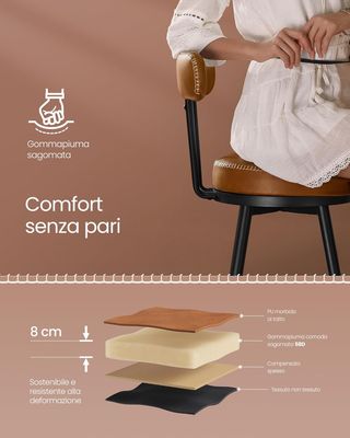 Colección EKHO - Juego de 2 Taburetes de Cocina, Taburetes de Bar Giratorios con Respaldo, Sillas de Cocina, Tapizado con Costura, Moderno de Mediados de Siglo, Altura 76 cm, Marrón Caramelo LBC889K01