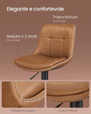 Conjunto de 2 Taburetes de Bar, Sillas de Bar Giratorias Ajustables en Altura, PU Acolchado, Sillas de Cocina con Respaldo y Reposapiés, Comedor, Barra, Acero, Marrón Caramelo LJB095K01
