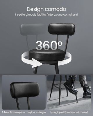 Colección EKHO - Juego de 2 Taburetes de Cocina, Taburetes de Bar Giratorios con Respaldo, Sillas de Cocina, Tapizado con Costura, Moderno de Mediados de Siglo, Altura 65 cm, Negro Tinta LBC089B01