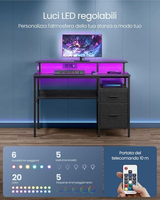 Escritorio para Computadora Con Cajones de Tela, Soporte para Monitor, Luces LED y Tomas de Corriente, 55 X 120 X 90 Cm, 2 Puertos USB-A, Negro Ébano LWD093B01