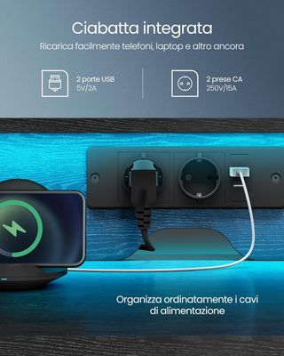 Escritorio para Computadora Con Cajones de Tela, Soporte para Monitor, Luces LED y Tomas de Corriente, 55 X 120 X 90 Cm, 2 Puertos USB-A, Negro Ébano LWD093B01