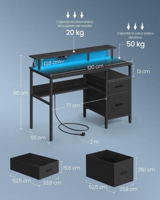 Escritorio para Computadora Con Cajones de Tela, Soporte para Monitor, Luces LED y Tomas de Corriente, 55 X 120 X 90 Cm, 2 Puertos USB-A, Negro Ébano LWD093B01