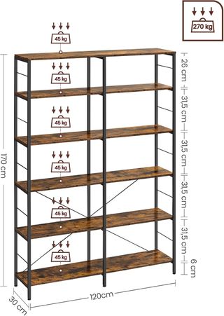 Estantería de 6 Niveles, Estante para Objetos, 30 X 120 X 172,5 Cm, Estilo Industrial, para Sala de Estar, Estudio, Balcón, Cocina, Marrón Vintage y Negro LLS114B01
