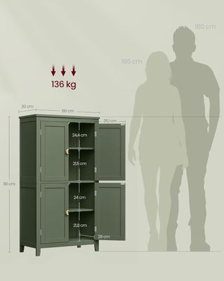 Mueble De Baño, Mueblecito De Baño, Credenza De Cocina, Armario Con 4 Puertas, Estantes Regulables, 30 X 60 X 110 Cm, Verde Bosque BBC552C01