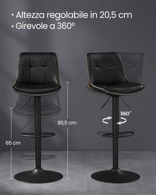 Conjunto De 2 Taburetes De Bar, Sillas De Bar Giratorias Ajustables En Altura, PU Acolchado, Sillas De Cocina Con Respaldo Y Reposapiés, Comedor, Barra, Acero, Negro Tinta LJB095B01