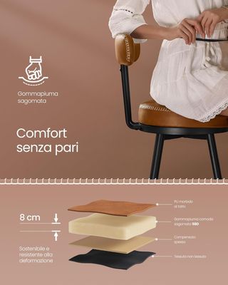 Colección EKHO - Juego de 2 Taburetes de Cocina, Taburetes de Bar Giratorios con Respaldo, Sillas de Cocina, Tapizado con Costura, Moderno de Mediados de Siglo, Altura 65 cm, Marrón Caramelo LBC089K01