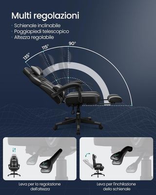 Silla De Oficina, Sillón Racing Ergonómico, Reposapiés Telescópico, Respaldo Inclinable, Reposacabezas Y Soporte Lumbar, Capacidad De 150 Kg, Negro Tinta Y Gris Tortora OBG073B03
