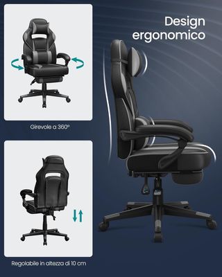 Silla De Oficina, Sillón Racing Ergonómico, Reposapiés Telescópico, Respaldo Inclinable, Reposacabezas Y Soporte Lumbar, Capacidad De 150 Kg, Negro Tinta Y Gris Tortora OBG073B03
