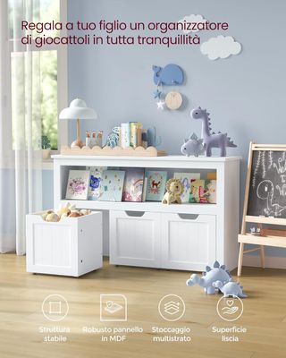 Estantería para Niños, Porta Juguetes para Niños, Multiusos, 3 Contenedores con Ruedas, Porta Juguetes, para Sala de Estar Habitación, 30 X 102 X 60 Cm, Blanco Nube LHS380W01