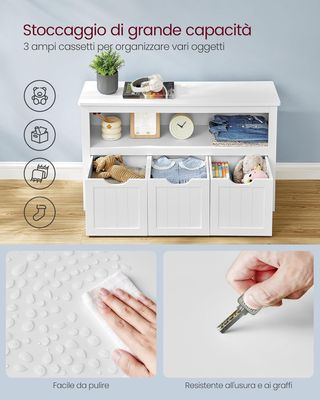 Estantería para Niños, Porta Juguetes para Niños, Multiusos, 3 Contenedores con Ruedas, Porta Juguetes, para Sala de Estar Habitación, 30 X 102 X 60 Cm, Blanco Nube LHS380W01