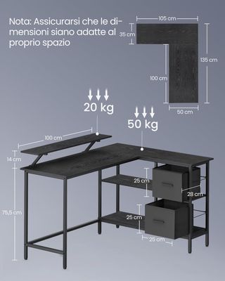 Escritorio para Computadora en L, Escritorio de Esquina con 2 Cajones Espaciosos y Soporte para Monitor, Estante Regulable, para Oficina Estudio, Negro Ébano LWD098B56