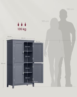 Mueble De Baño, Mueblecito De Baño, Credenza De Cocina, Armario Con 4 Puertas, Estantes Regulables, 30 X 60 X 110 Cm, Gris Pizarra BBC552G01