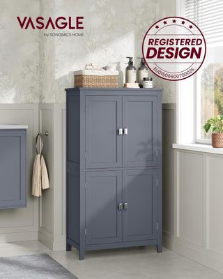 Mueble De Baño, Mueblecito De Baño, Credenza De Cocina, Armario Con 4 Puertas, Estantes Regulables, 30 X 60 X 110 Cm, Gris Pizarra BBC552G01