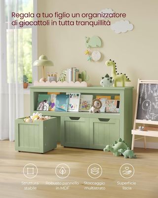 Estantería para Niños, Porta Juguetes para Niños, Multiusos, 3 Contenedores con Ruedas, Porta Juguetes, para Sala de Estar, Habitación Infantil, 30 X 102 X 60 Cm, Verde Laurel LHS380CE01