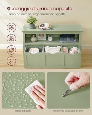 Estantería para Niños, Porta Juguetes para Niños, Multiusos, 3 Contenedores con Ruedas, Porta Juguetes, para Sala de Estar, Habitación Infantil, 30 X 102 X 60 Cm, Verde Laurel LHS380CE01