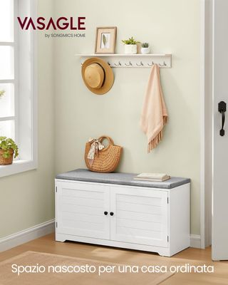 Banco Zapatero de 3 Niveles, Banco Contenedor Con Puertas y Cojín, Estantes Regulables, 35,5 X 101 X 52,5 Cm, para Entrada, Dormitorio, Blanco Nube y Gris Tortora LSB044W01