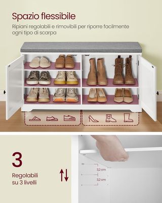 Banco Zapatero de 3 Niveles, Banco Contenedor Con Puertas y Cojín, Estantes Regulables, 35,5 X 101 X 52,5 Cm, para Entrada, Dormitorio, Blanco Nube y Gris Tortora LSB044W01