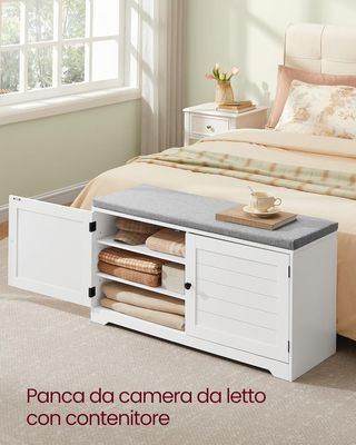 Banco Zapatero de 3 Niveles, Banco Contenedor Con Puertas y Cojín, Estantes Regulables, 35,5 X 101 X 52,5 Cm, para Entrada, Dormitorio, Blanco Nube y Gris Tortora LSB044W01