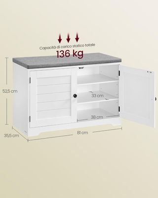 Banco Zapatero de 3 Niveles, Banco Contenedor Con Puertas y Cojín, Estantes Regulables, 35,5 X 81 X 52,5 Cm, para Entrada, Dormitorio, Blanco Nube y Gris Tortora LSB034W01