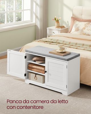 Banco Zapatero de 3 Niveles, Banco Contenedor Con Puertas y Cojín, Estantes Regulables, 35,5 X 81 X 52,5 Cm, para Entrada, Dormitorio, Blanco Nube y Gris Tortora LSB034W01