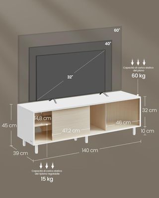 Montaje Rápido Sin Herramientas, Mueble TV para Televisor de Hasta 60 Pulgadas, para Sala de Estar, Vidrio Estriado, Moderno, 140 X 39 X 45 Cm, Blanco Nube y Beige Natural LTV466W01
