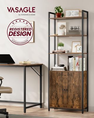 Estantería de 6 Estantes, Estantería Vertical con Puerta, Estructura de Metal, Estantes Regulables, 24 X 60 X 159,5 Cm, Salón Dormitorio, Marrón Vintage y Negro Tinta LLS133K01