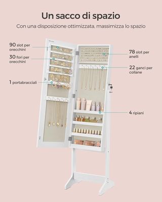 Espejo Joyero de Pie, Armario de Joyas, Espejo de Cuerpo Entero, Con Cerradura, Idea de Regalo, Superficie Blanca y Forro Beige JJC069W02