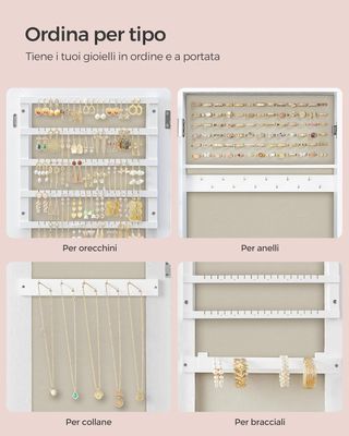 Espejo Joyero de Pie, Armario de Joyas, Espejo de Cuerpo Entero, Con Cerradura, Idea de Regalo, Superficie Blanca y Forro Beige JJC069W02