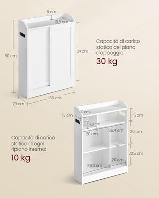 Mueble de Baño, Mueble de Baño Ahorra Espacio, Porta Papel Higiénico y Compartimento para Escobilla, Puertas Correderas, Estantes Regulables, Junto al WC, 20 X 60 X 80 Cm, Blanco Nube BBC752W01