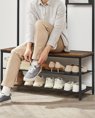 Perchero Con Zapatero, Mueble De Entrada Con Ganchos, Espejo, Banco Y Estantes, 35 X 98 X 180 Cm, Pasillo Dormitorio Salón, Industrial, Marrón Vintage Y Negro Tinta HSR415B01