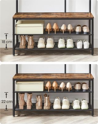 Perchero Con Zapatero, Mueble De Entrada Con Ganchos, Espejo, Banco Y Estantes, 35 X 98 X 180 Cm, Pasillo Dormitorio Salón, Industrial, Marrón Vintage Y Negro Tinta HSR415B01