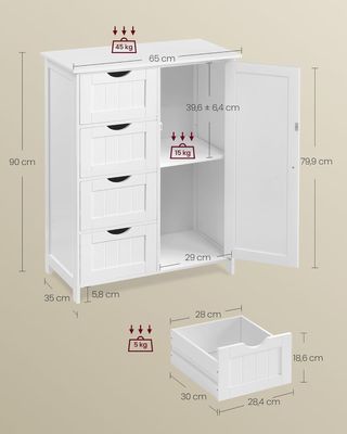 Mueble De Baño, Mueble Para Baño Estrecho, Organizador, Cajonera, Con 4 Cajones, Puerta, Estante Regulable 35 X 65 X 90 Cm, Blanco Nube LHC042W01