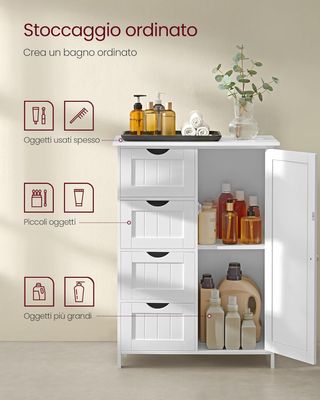 Mueble De Baño, Mueble Para Baño Estrecho, Organizador, Cajonera, Con 4 Cajones, Puerta, Estante Regulable 35 X 65 X 90 Cm, Blanco Nube LHC042W01