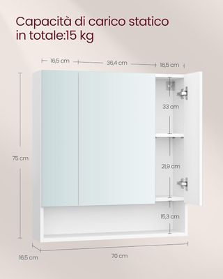 Colección KAILYN - Armario de Baño de Pared con Puertas Espejo, Mueble Colgante de Baño, Espejo, Compartimento Abierto, Estantes Regulables, 16,5 X 70 X 75 Cm, Blanco Nube BBK129W01