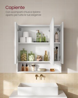 Colección KAILYN - Armario de Baño de Pared con Puertas Espejo, Mueble Colgante de Baño, Espejo, Compartimento Abierto, Estantes Regulables, 16,5 X 70 X 75 Cm, Blanco Nube BBK129W01