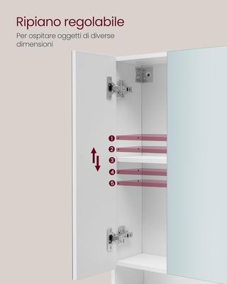 Colección KAILYN - Armario de Baño de Pared con Puertas Espejo, Mueble Colgante de Baño, Espejo, Compartimento Abierto, Estantes Regulables, 16,5 X 70 X 75 Cm, Blanco Nube BBK129W01