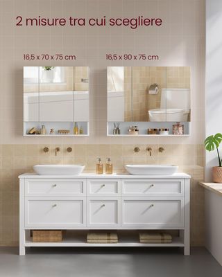 Colección KAILYN - Armario de Baño de Pared con Puertas Espejo, Mueble Colgante de Baño, Espejo, Compartimento Abierto, Estantes Regulables, 16,5 X 70 X 75 Cm, Blanco Nube BBK129W01