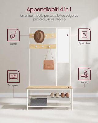 Perchero Con Zapatero, Mueble De Entrada Con Ganchos, Espejo, Banco Y Estantes, 35 X 98 X 180 Cm, Pasillo Dormitorio Salón, Moderno, Color Roble Y Blanco Nublado HSR415W09