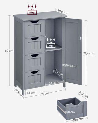 Mueble De Baño, Mueble Para Baño Estrecho, Organizador, Cajonera, Con 4 Cajones, Puerta, Estante Regulable, 30 X 55 X 82 Cm, Gris Tortora LHC041P36