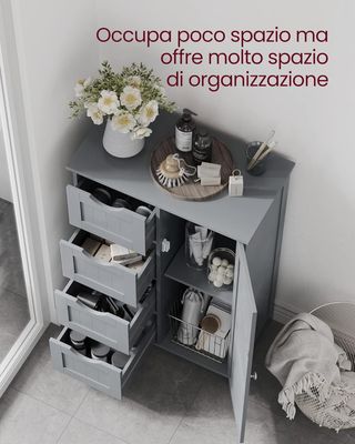 Mueble De Baño, Mueble Para Baño Estrecho, Organizador, Cajonera, Con 4 Cajones, Puerta, Estante Regulable, 30 X 55 X 82 Cm, Gris Tortora LHC041P36