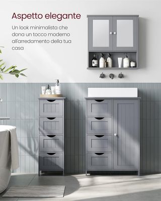 Mueble De Baño, Mueble Para Baño Estrecho, Organizador, Cajonera, Con 4 Cajones, Puerta, Estante Regulable, 30 X 55 X 82 Cm, Gris Tortora LHC041P36