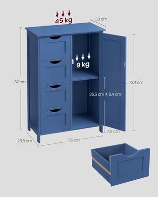Mueble De Baño, Mueble Para Baño Estrecho, Organizador, Cajonera, Con 4 Cajones, Puerta, Estante Regulable, 30 X 55 X 82 Cm, Azul Puerto LHC041QE02