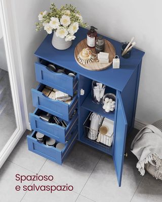 Mueble De Baño, Mueble Para Baño Estrecho, Organizador, Cajonera, Con 4 Cajones, Puerta, Estante Regulable, 30 X 55 X 82 Cm, Azul Puerto LHC041QE02