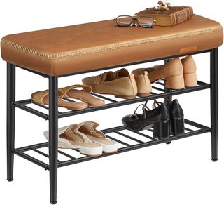 EKHO Colección - Banco Zapatero, Banco de Entrada y Dormitorio, Cubierta de PU con Costuras, Moderno de Mediados de Siglo, Capacidad 135 Kg, 30 X 80 X 50 Cm, Marrón Caramelo LSB054K01