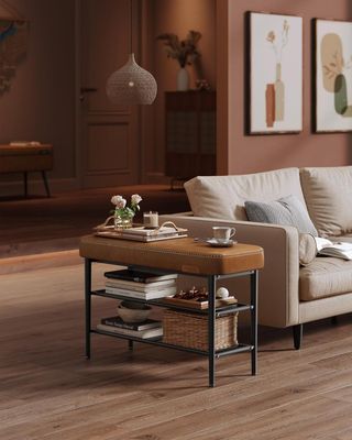 EKHO Colección - Banco Zapatero, Banco de Entrada y Dormitorio, Cubierta de PU con Costuras, Moderno de Mediados de Siglo, Capacidad 135 Kg, 30 X 80 X 50 Cm, Marrón Caramelo LSB054K01