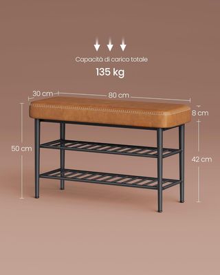 EKHO Colección - Banco Zapatero, Banco de Entrada y Dormitorio, Cubierta de PU con Costuras, Moderno de Mediados de Siglo, Capacidad 135 Kg, 30 X 80 X 50 Cm, Marrón Caramelo LSB054K01