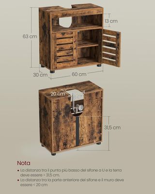 Mueble Sottolavabo, Mueble de Baño, Armario Portaobjetos, 30 X 60 X 64 Cm, Adecuado para Lavabos Sin Columna, Con Doble Puerta de Persiana, Estante Regulable, Marrón Vintage BBK04BX
