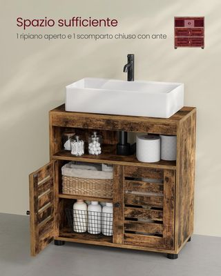 Mueble Sottolavabo, Mueble de Baño, Armario Portaobjetos, 30 X 60 X 64 Cm, Adecuado para Lavabos Sin Columna, Con Doble Puerta de Persiana, Estante Regulable, Marrón Vintage BBK04BX
