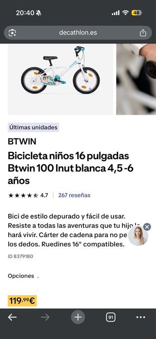 Bicicleta Btwin 16 pulgadas infantil